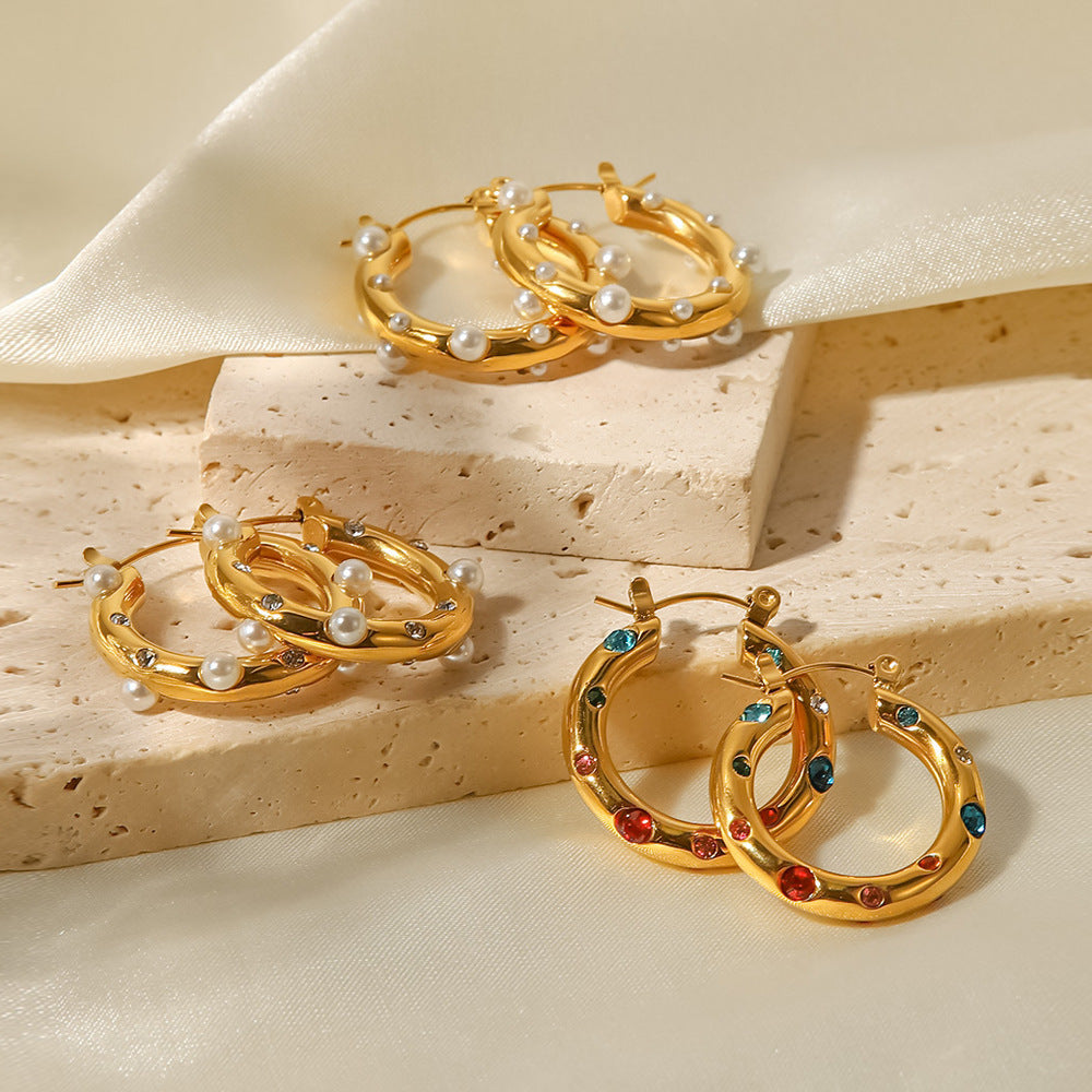 Women's Personalized Stainless Steel Hoop Inlaid Pearl Earrings