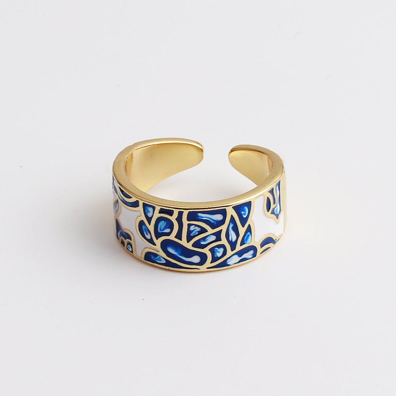 Women's Face Blue Leaf Slate Pattern Opening Adjustable Rings