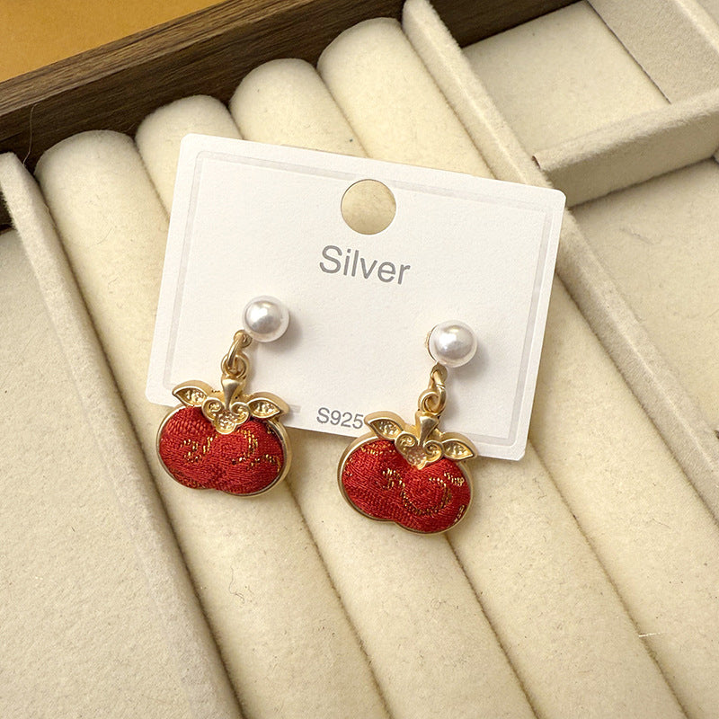 Style Song Dynasty Brocade Lucky Persimmon Sier Needle Ancient Auricular Earrings