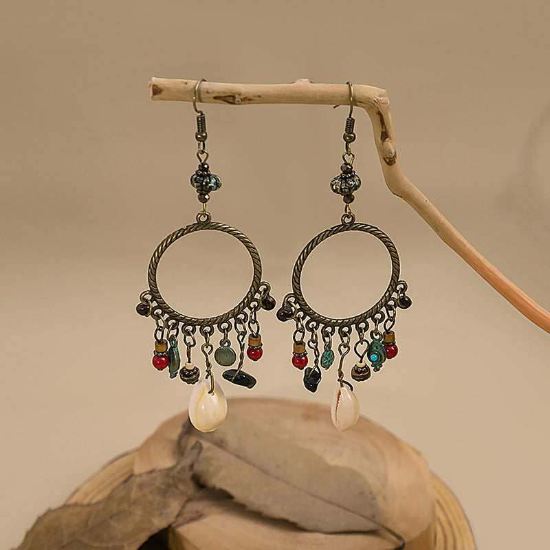 Turquoise Bohemian Palm Owl Bronze Carved Geometric Feather Earrings