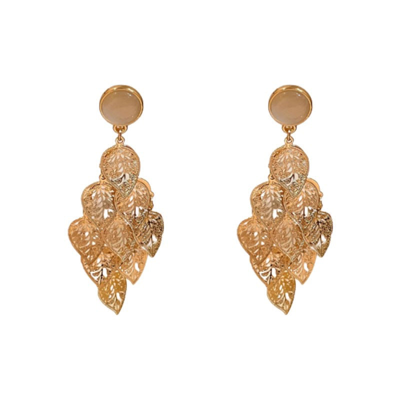 Women's Sier Needle Opal Leaf Tassel For Niche Design Premium Stud Earrings