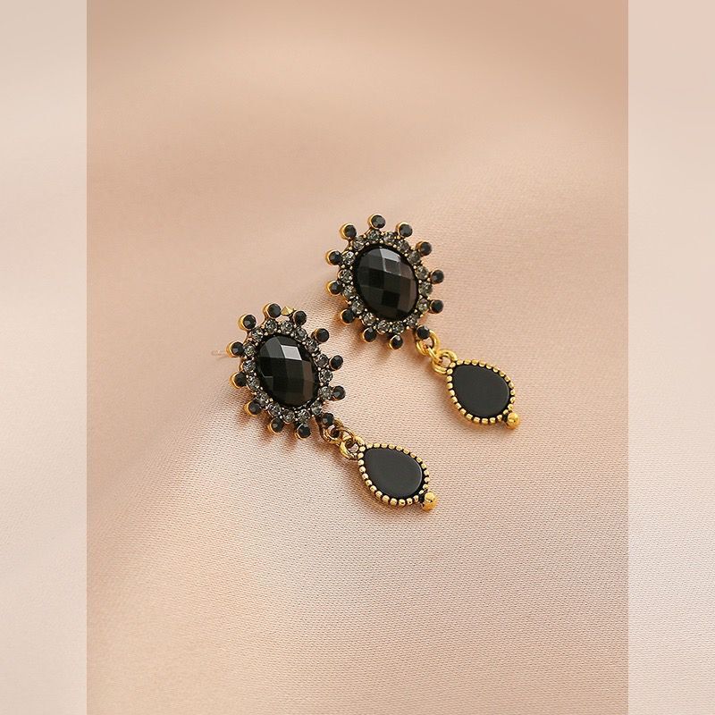 French Super Fairy Black Crystal Long Stud Earrings