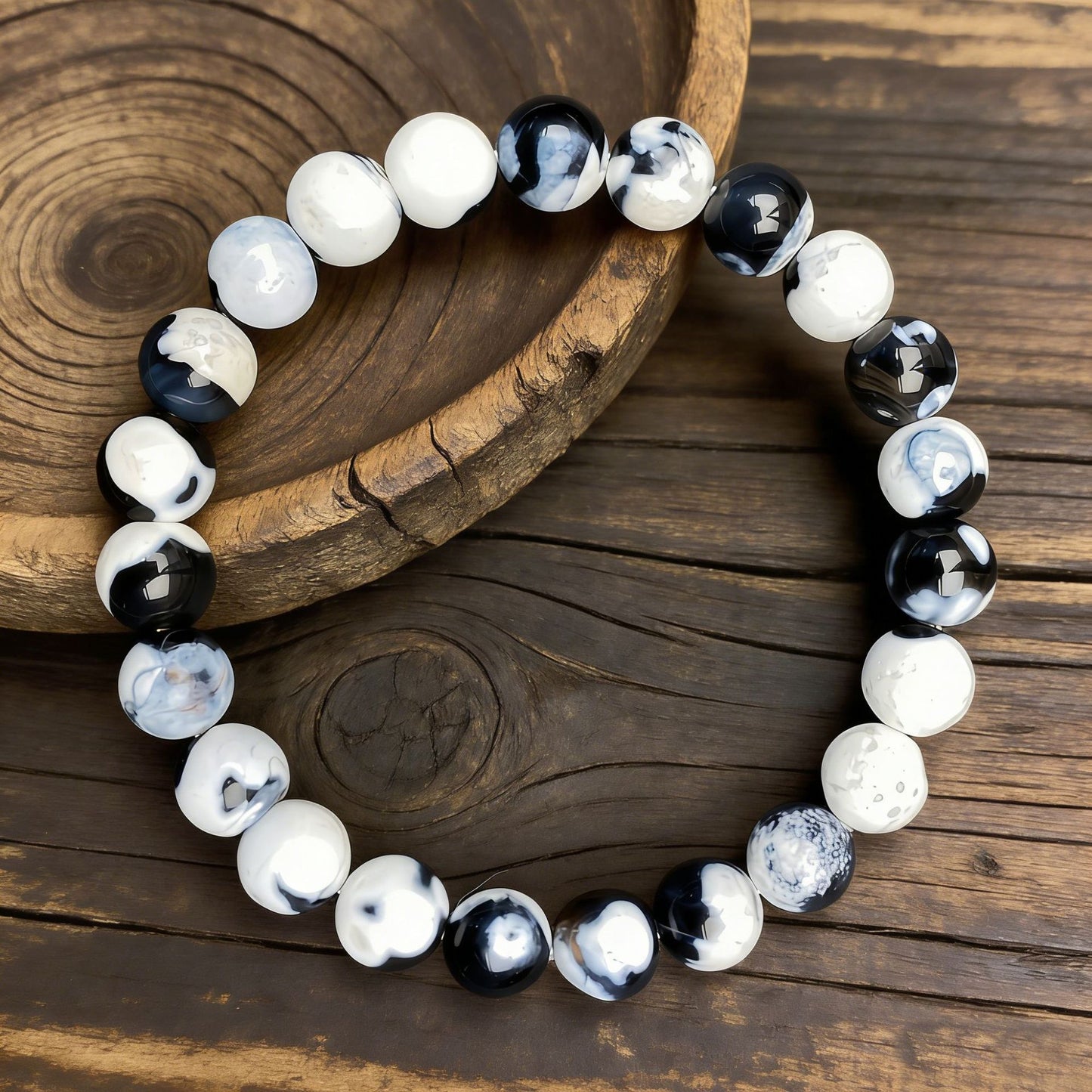Black White Fire Agate Natural Stone Handmade Bracelet