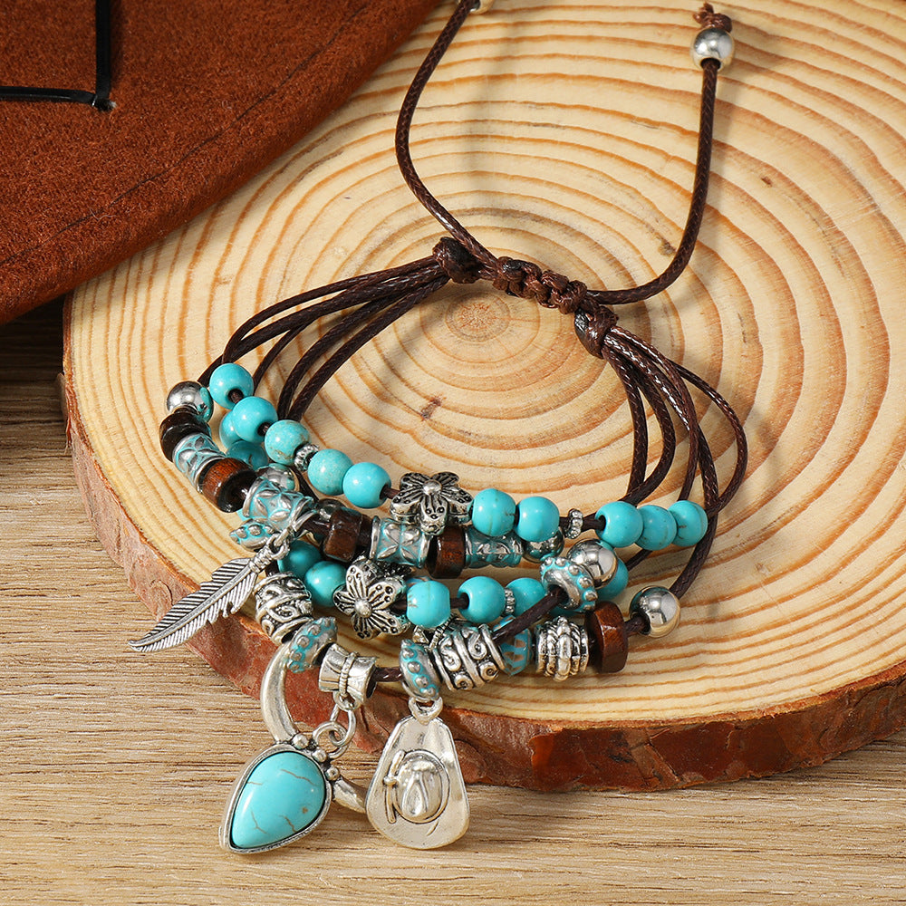 Style Bohemian Turquoise Cow Head Hat Tassel Handmade Bracelets