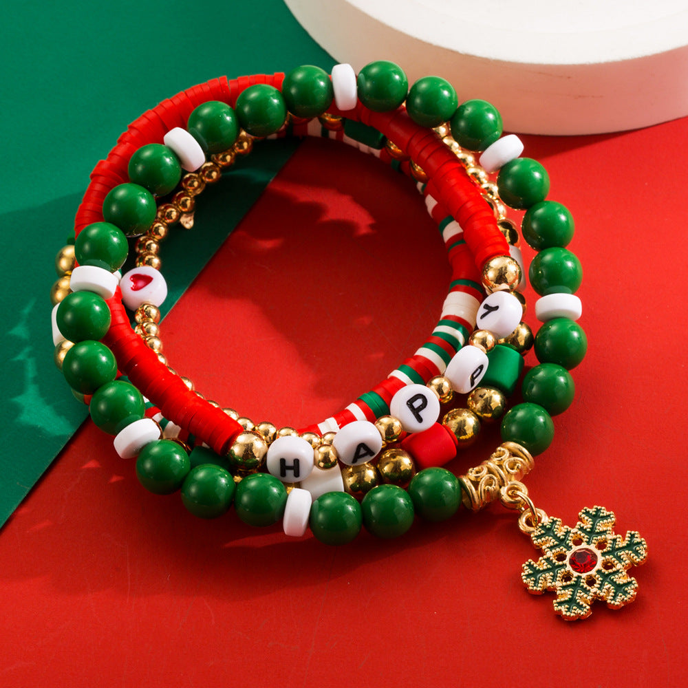 Women's Snowflake Red Green White Polymer Clay Bracelets