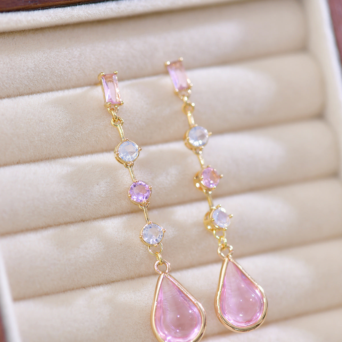 Pink Crystal Peach Blossom Tears Long Earrings