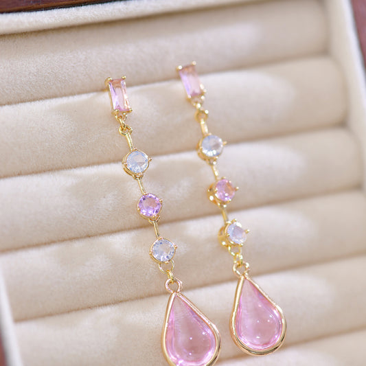 Pink Crystal Peach Blossom Tears Long Earrings