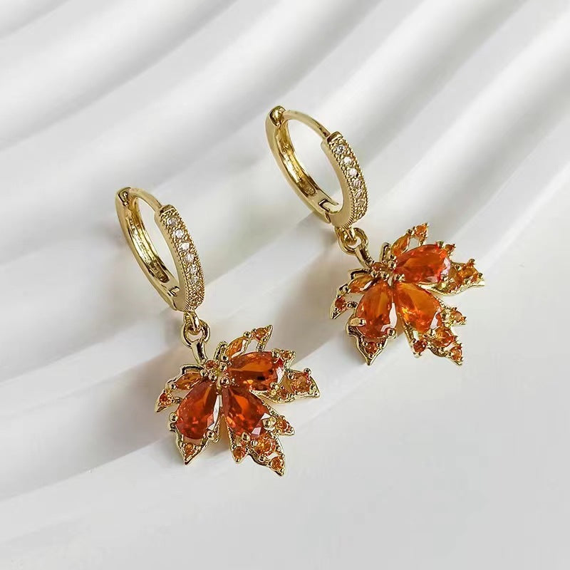 Red Maple Leaf Zircon Trendy High-grade Temperamental Ear Buckle