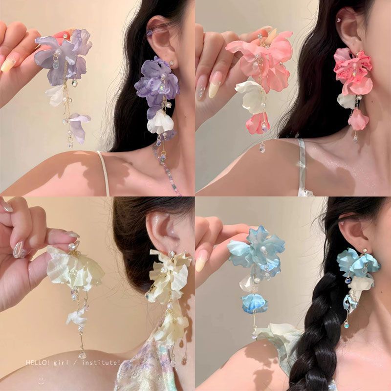 Petal Flower Vacation Tassel Ear Design Clip Advanced High-key Dignified Earrings