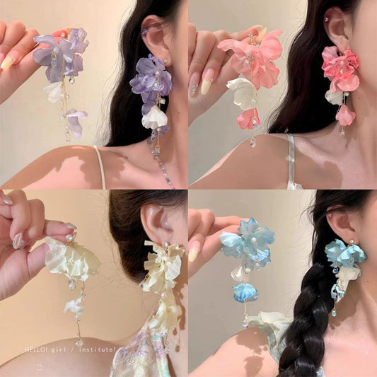 Petal Flower Vacation Tassel Ear Design Clip Advanced High-key Dignified Earrings