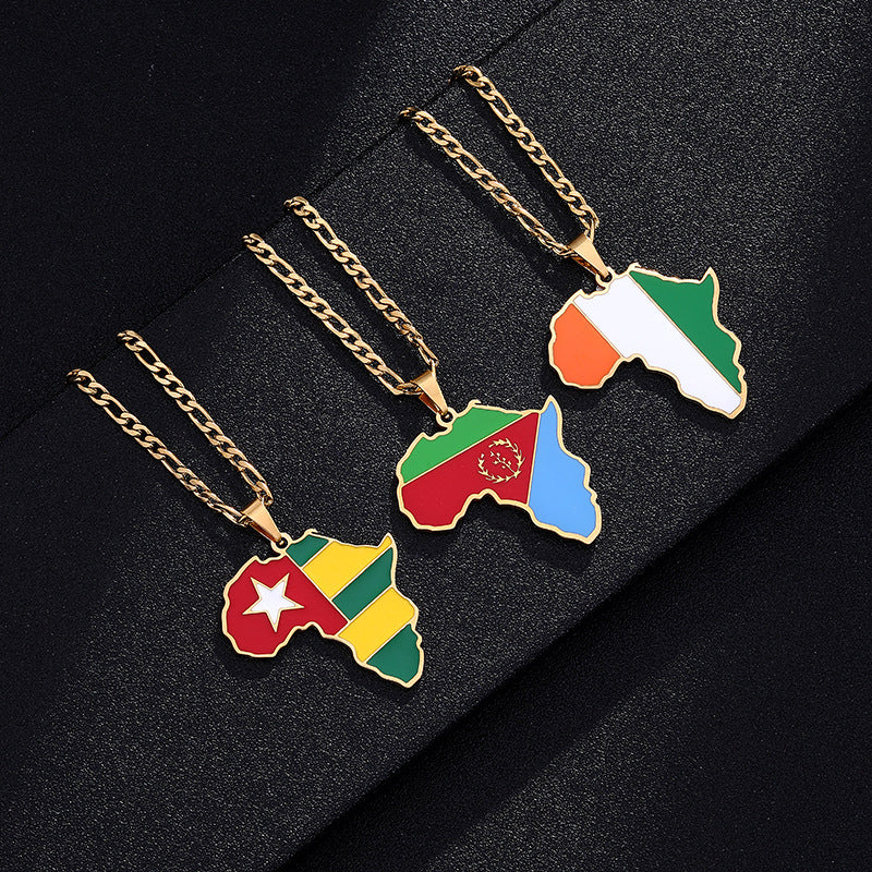 African Drip Oil Stainless Steel Map Geometric Necklace