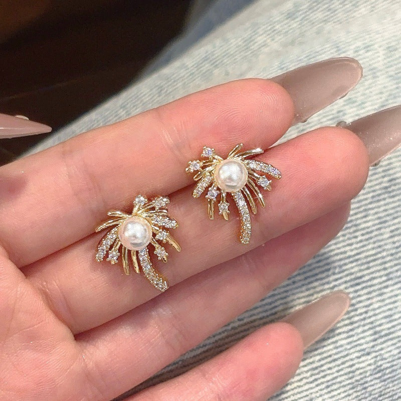 Women's Full Diamond Pearl Fireworks Exquisite Light Luxury Small Versatile Design Earrings