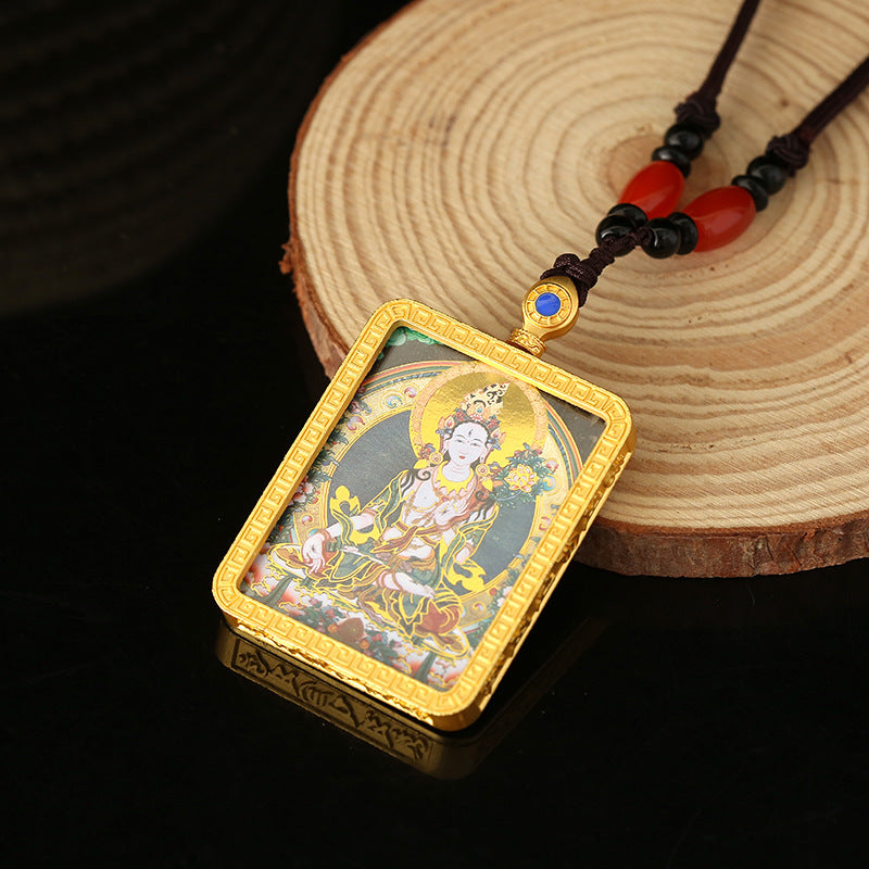 Women's & Men's Green Tara Buddha Statue God Of Wealth Body Protection Necklaces