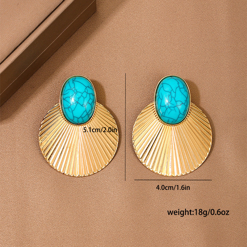Women's Pair Fashion Design Turquoise Metal Diameter Big Round Slice Dance Earrings
