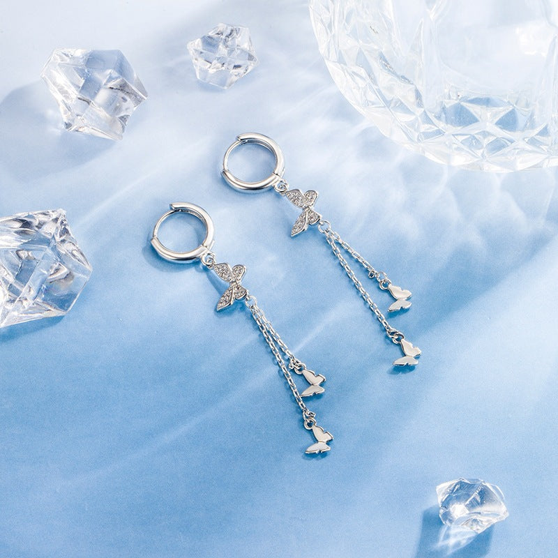 Women's Rhinestone Butterfly Tassel Summer Long Earrings
