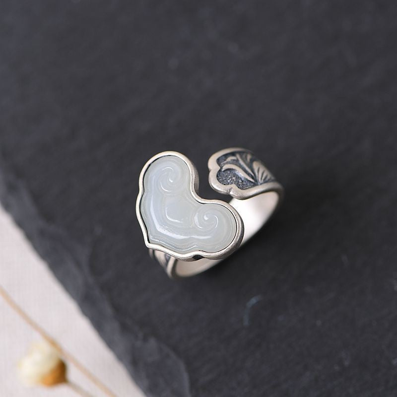 Women's Sterling Sier Handmade Retro Exaggerated Ethnic Style Jade Index Rings