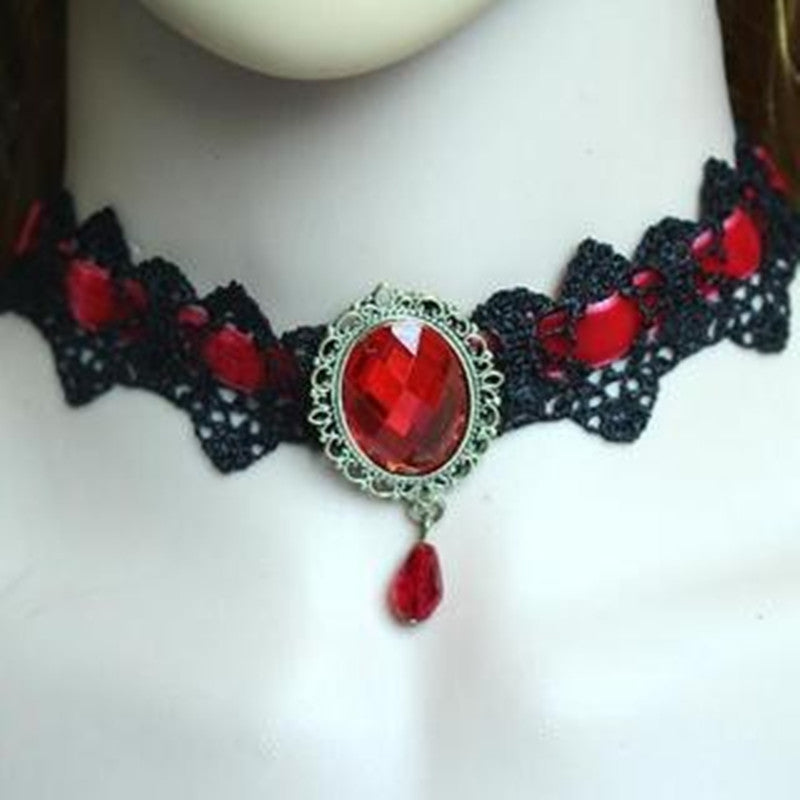 Lace Gothic Choker Rhinestone Black Halloween Necklace