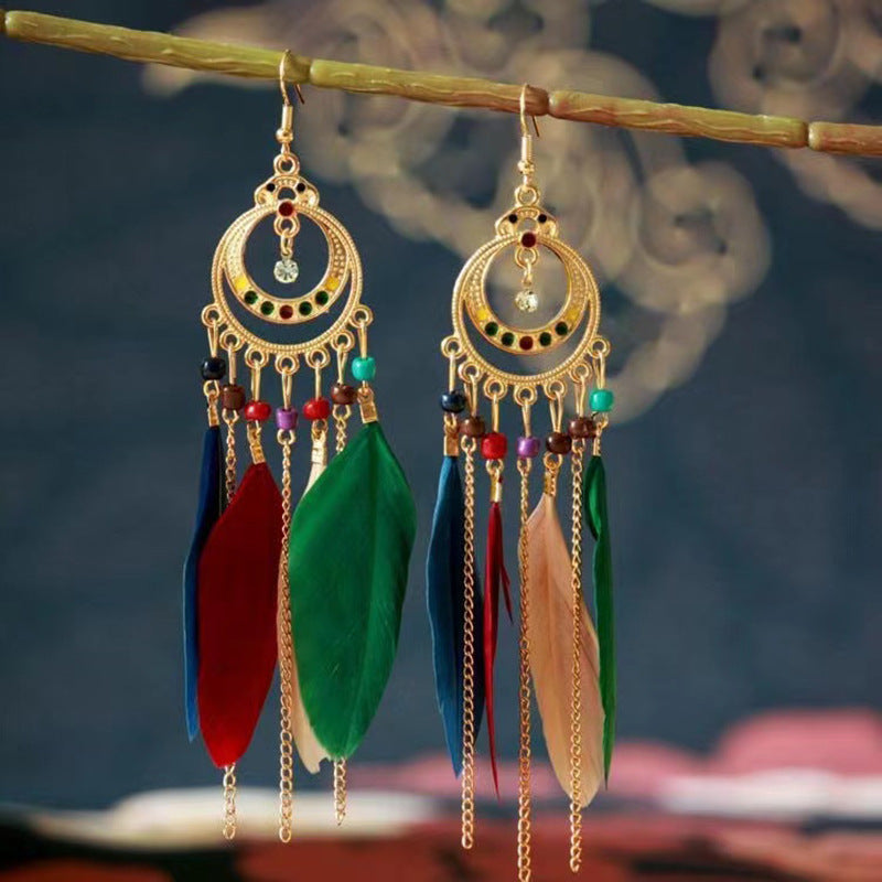 Yunnan Travel Long Vacation Temperament Feather Earrings