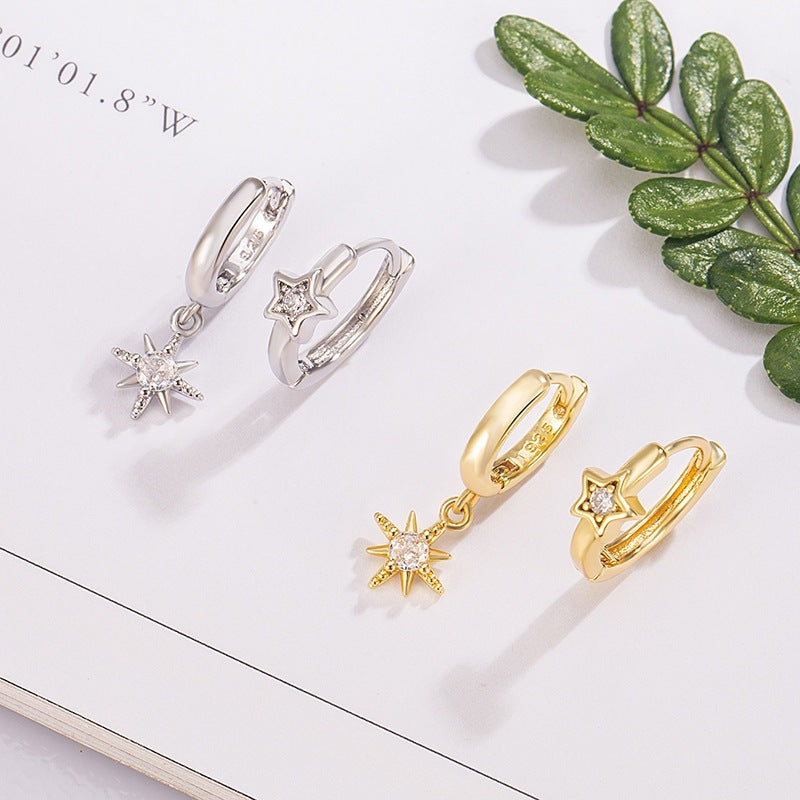 Women's Asymmetric Eight Awn Star French Style Fashionable Golden Simple Twin Earrings