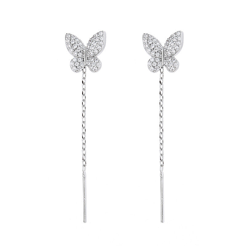 Women's Sier Full Diamond Butterfly Long Fringed Thread Light Ear Line
