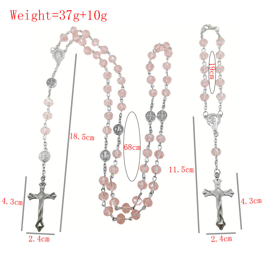 Crystal Cross Rosary Long Sweater Chain Necklace