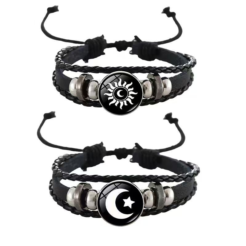 Sun Moon Lovers Time Stone Leather Unisex Woven Couple Gift Bracelet