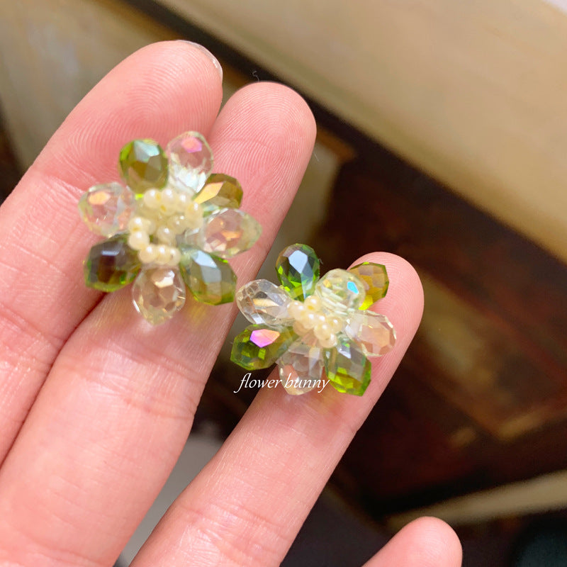 Tea Under The Moon Handmade Beaded Green Crystal Glass Ear Earrings