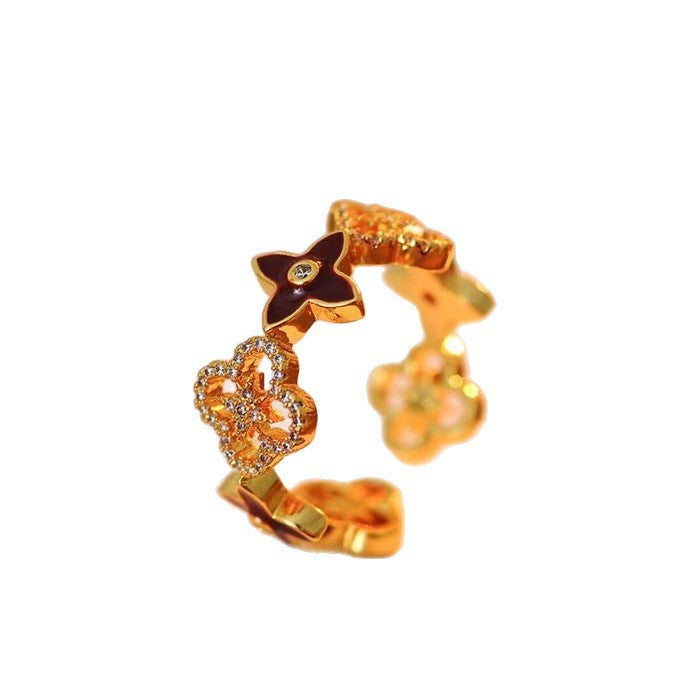 Dripping Full Diamond Lucky Four-leaf Clover Open Hollow Rings