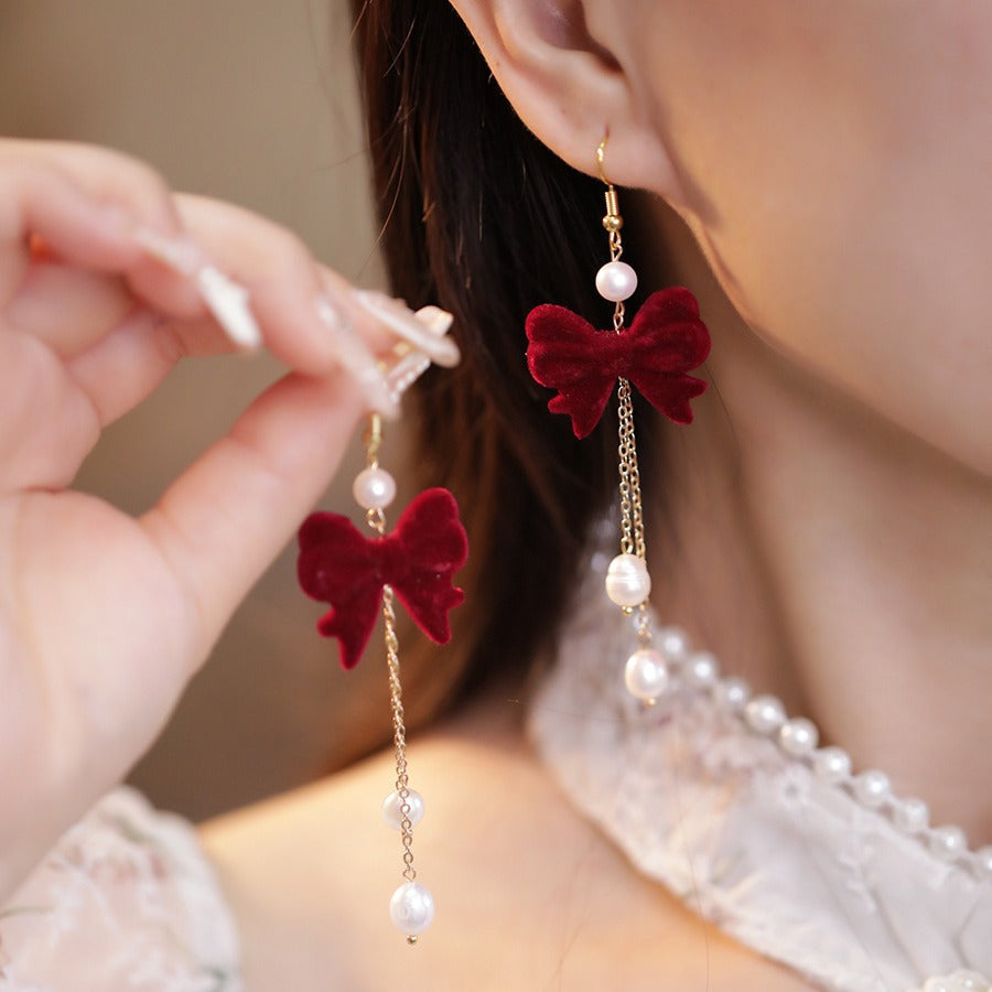 Bow Tassel Pearl Female Fairy Red Earrings