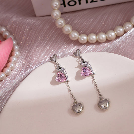 Sier Needle Pink Rabbit Dolphin Love Heart Design Sense Cartoon Earrings