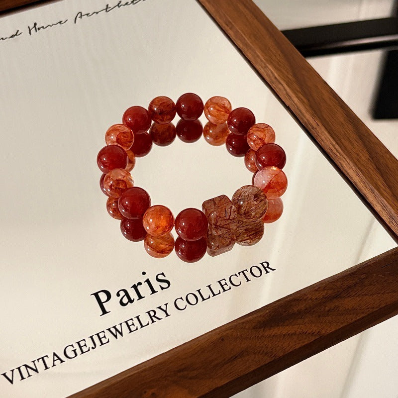 Women's Golden Autumn Natural Red Sealant Flower Agate Square Sugar Bracelet