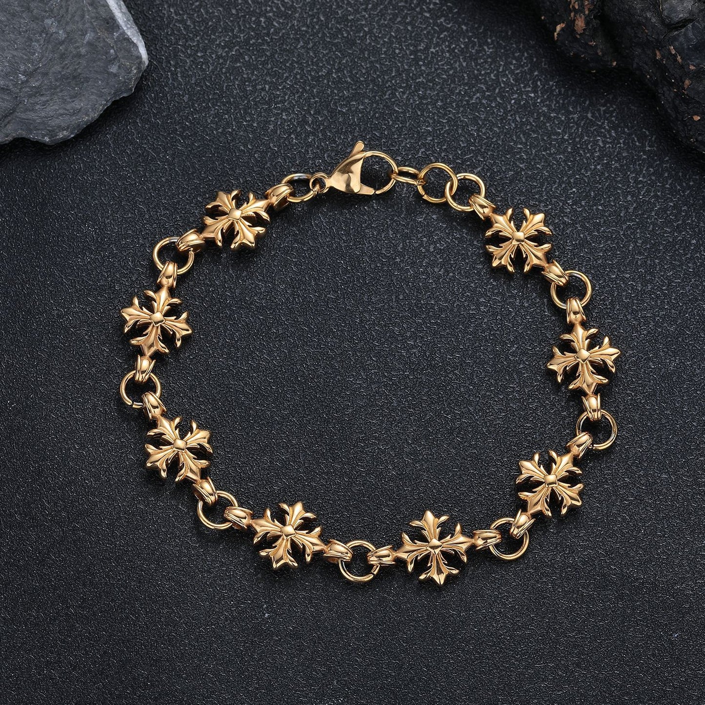 Women's & Men's Retro Titanium Steel Dice Cruciate Flower Simple Hip Hop Gold Bracelet