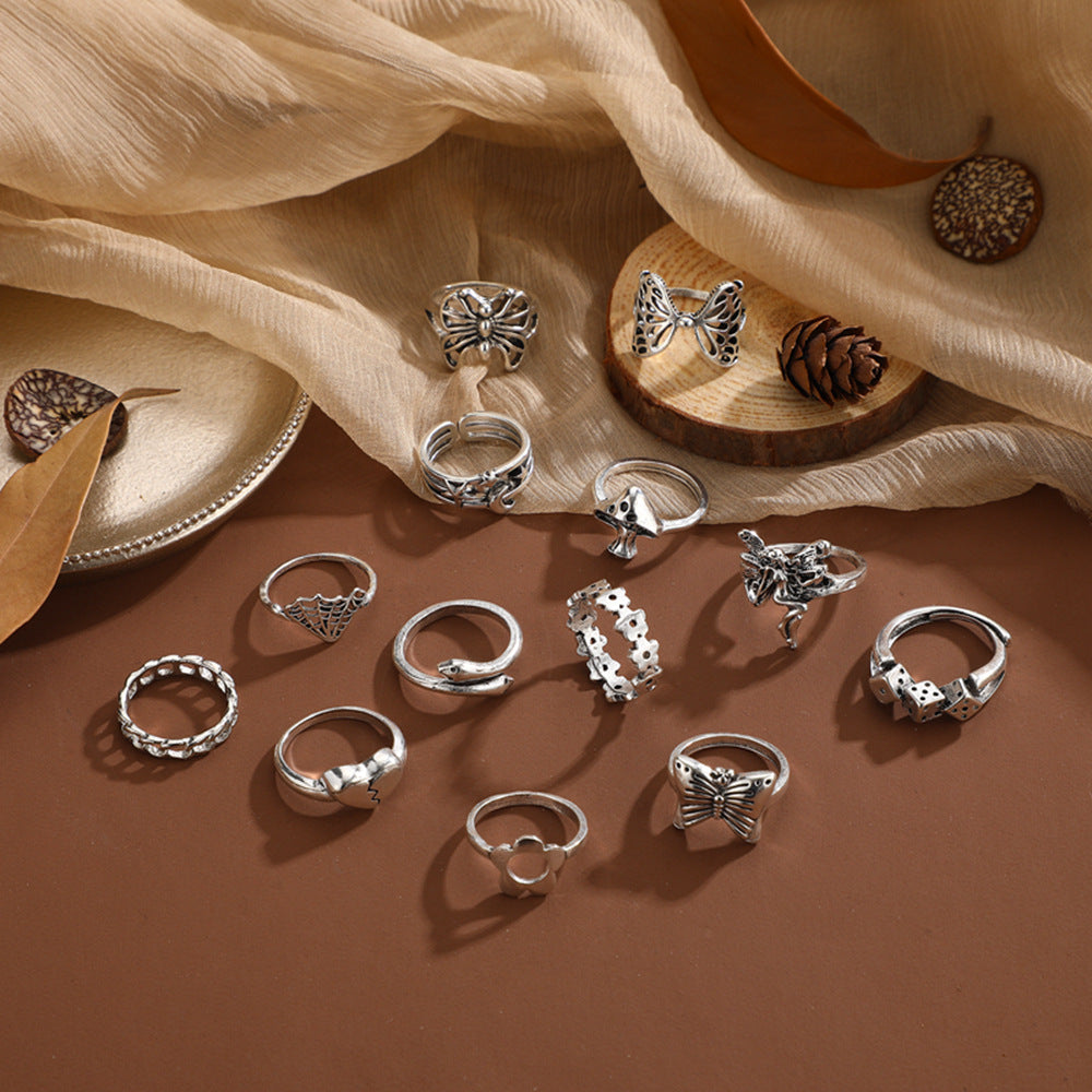 Exaggerated Mushroom Flowers In Chains Moon Heart Butterfly Rings