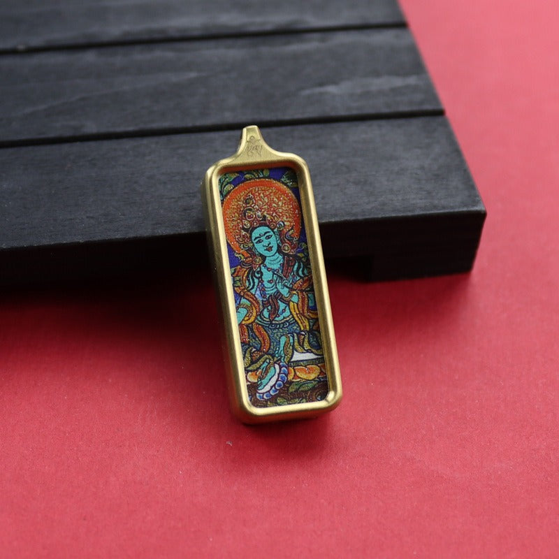 Tibetan Square Hand Painted Golden Outline Eight Patron Pendants