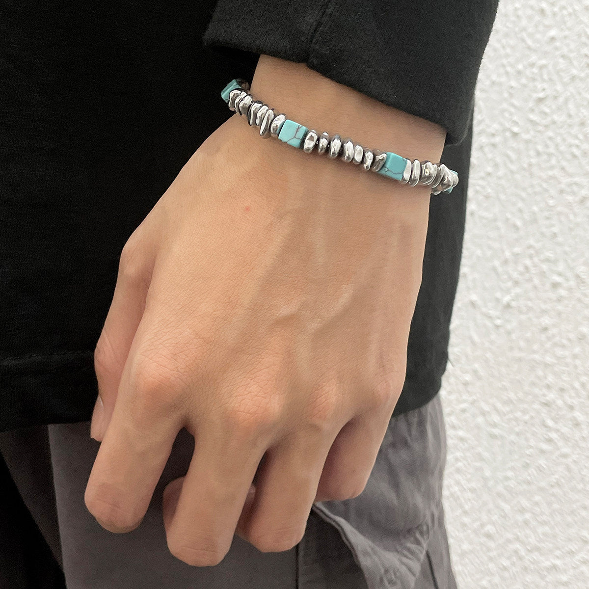 Men's Sense Niche Irregular Titanium Steel Turquoise Bracelet