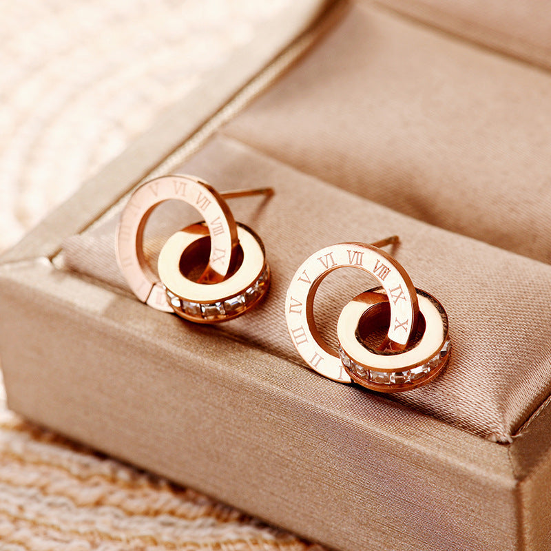 Diamond Creative Rose Gold Titanium Steel Female Double Earrings