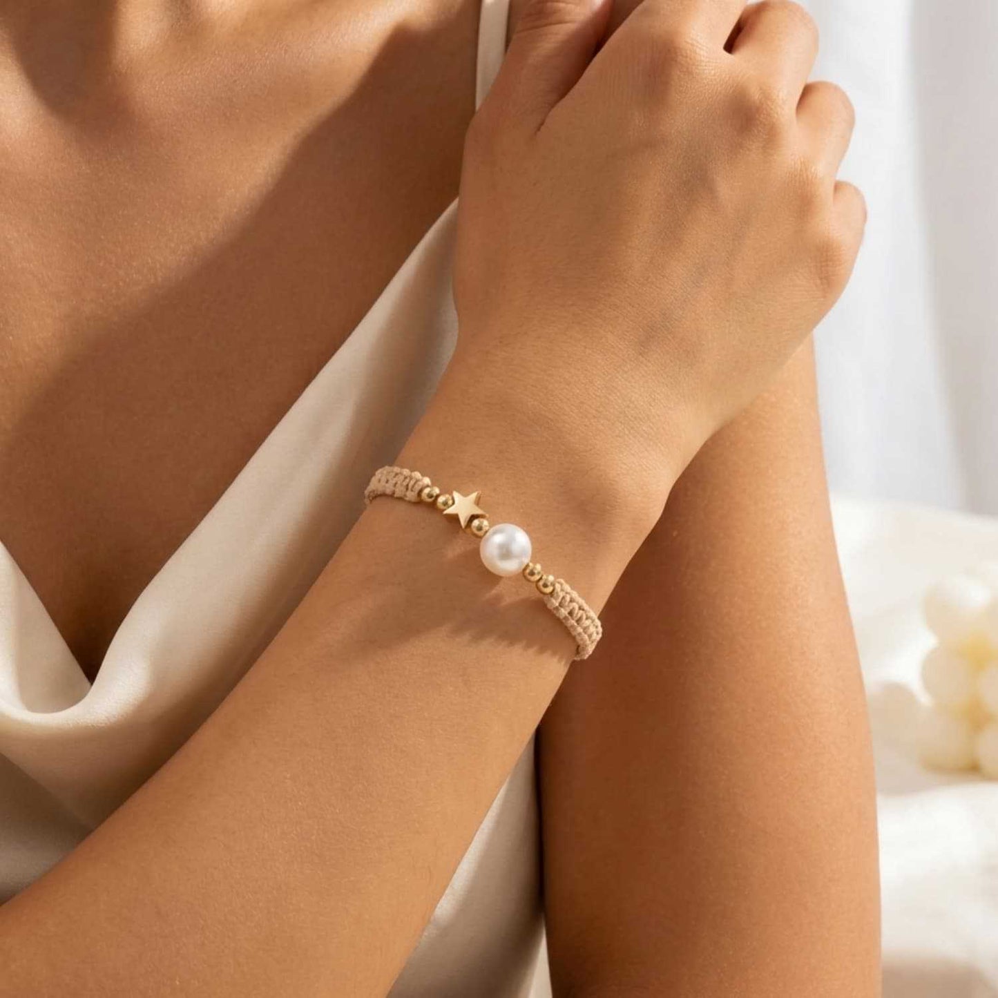 Simple Pearl Love Cross Khaki Hand-woven Bracelets