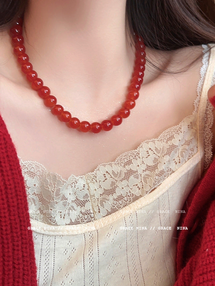 Women's White Vintage Red Agate Beaded High-grade Necklace