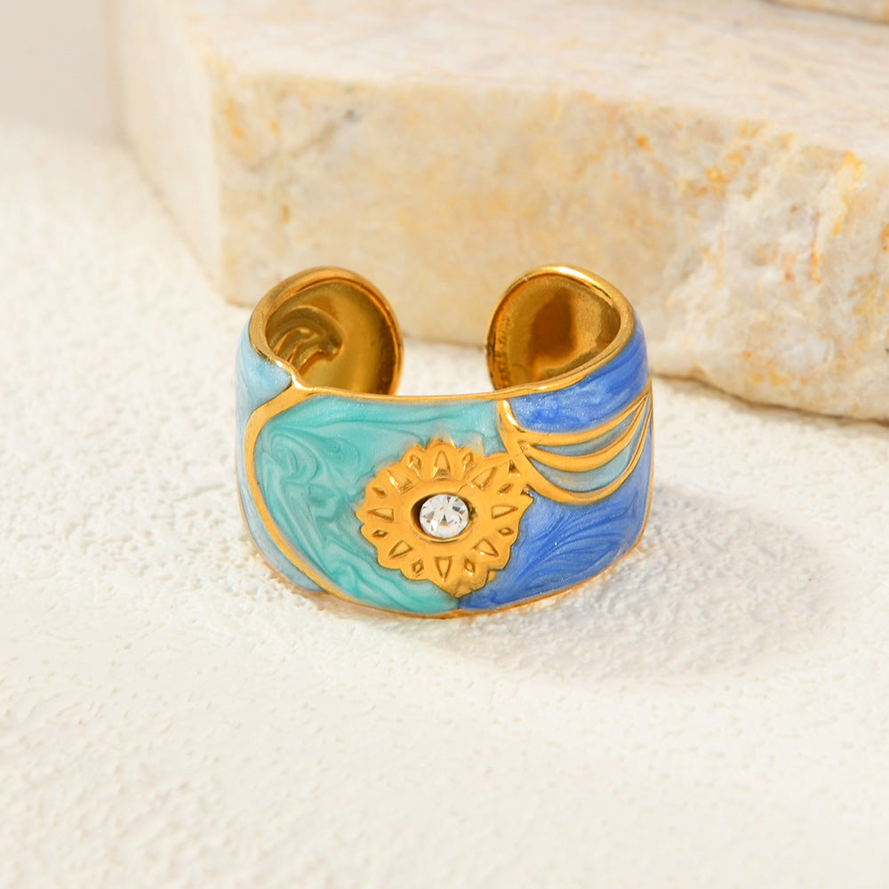 Oil Dripping Diamond Sunflower Open Personality Rings