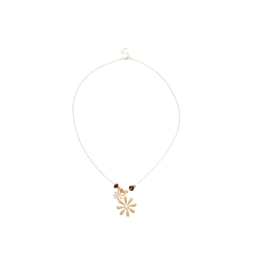 Women's Tigereye Beaded Flower Pleated Sweater Chain Retro Easy Necklace
