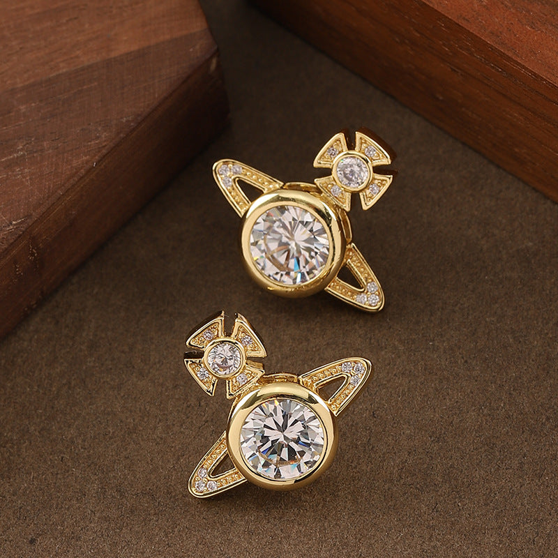 Full Rhinestone Zircon Queen Mother Saturn Light Luxury Simplicity Stud Earrings