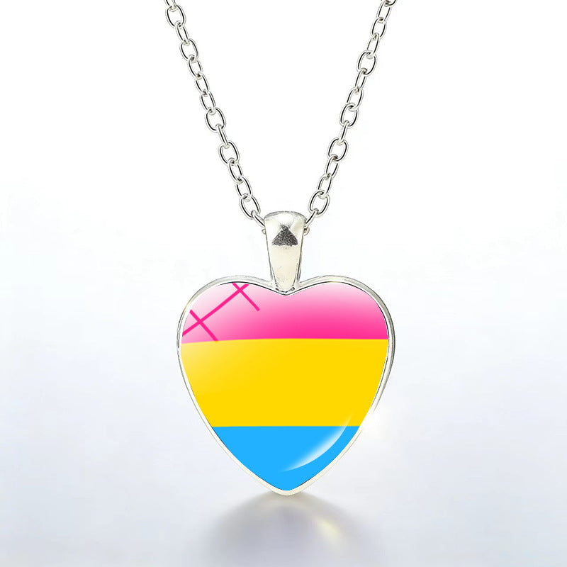 Multicolor Peach Heart Rainbow Pattern Time Gem Cabochon Necklaces