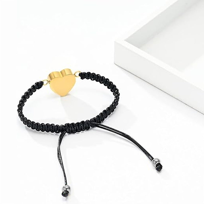 Heart-shaped Cinerary Casket Black Braided Rope Adjustable Stainless Steel Lettering Bracelet