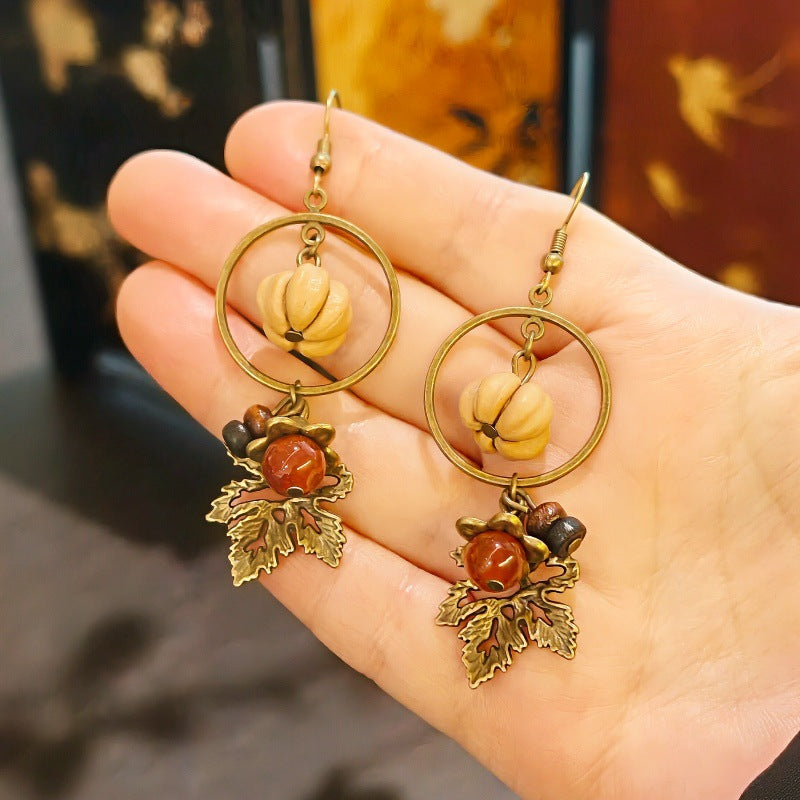 Palace Niche Exotic Plant Dried Fruit Maple Leaf Dangling Earrings