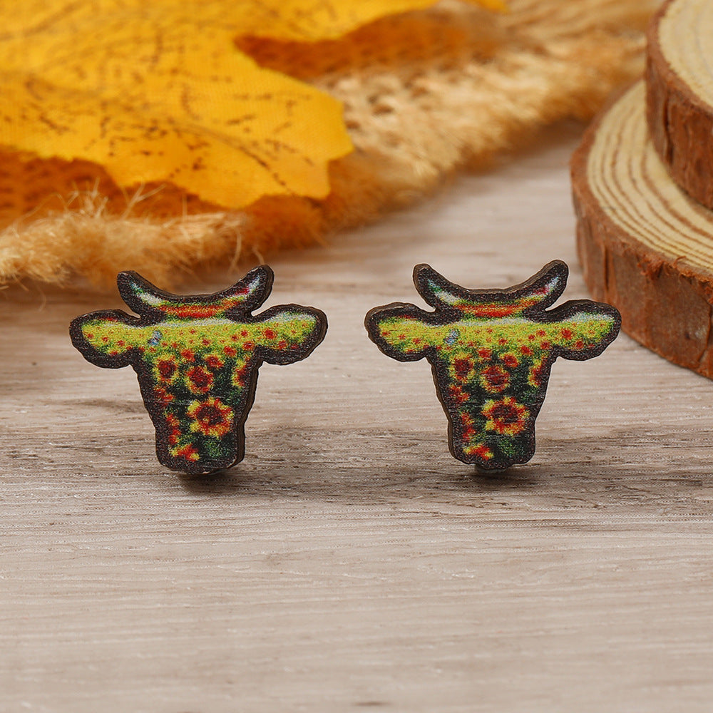 Head Wooden Simple Fashion Personality Cows Pattern Hat Leopard Earrings