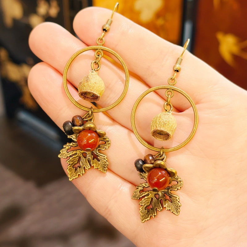 Palace Niche Exotic Plant Dried Fruit Maple Leaf Dangling Earrings