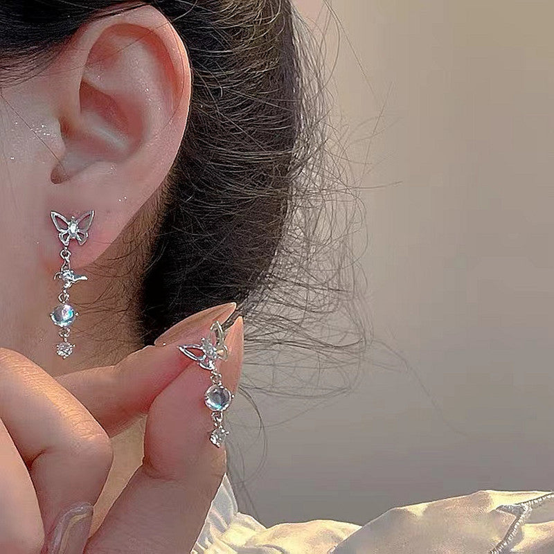 Women's Crystal Sier Needle Fashion Small Butterfly Earrings