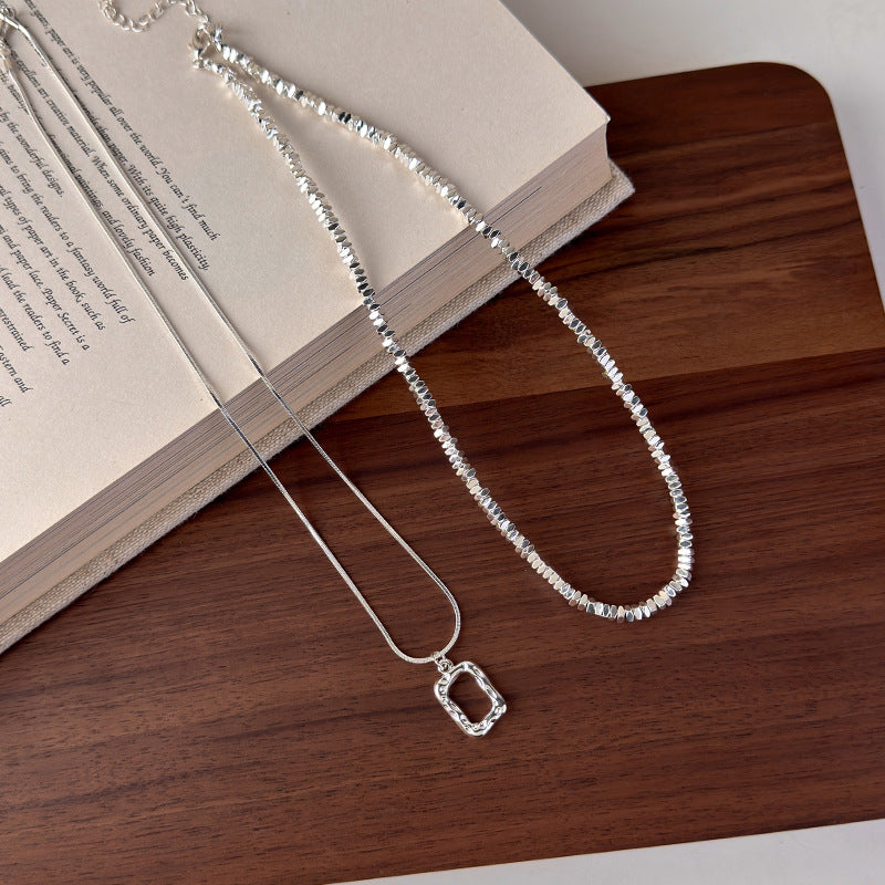 Twin Small Pieces Of Sier Geometric Square Necklace