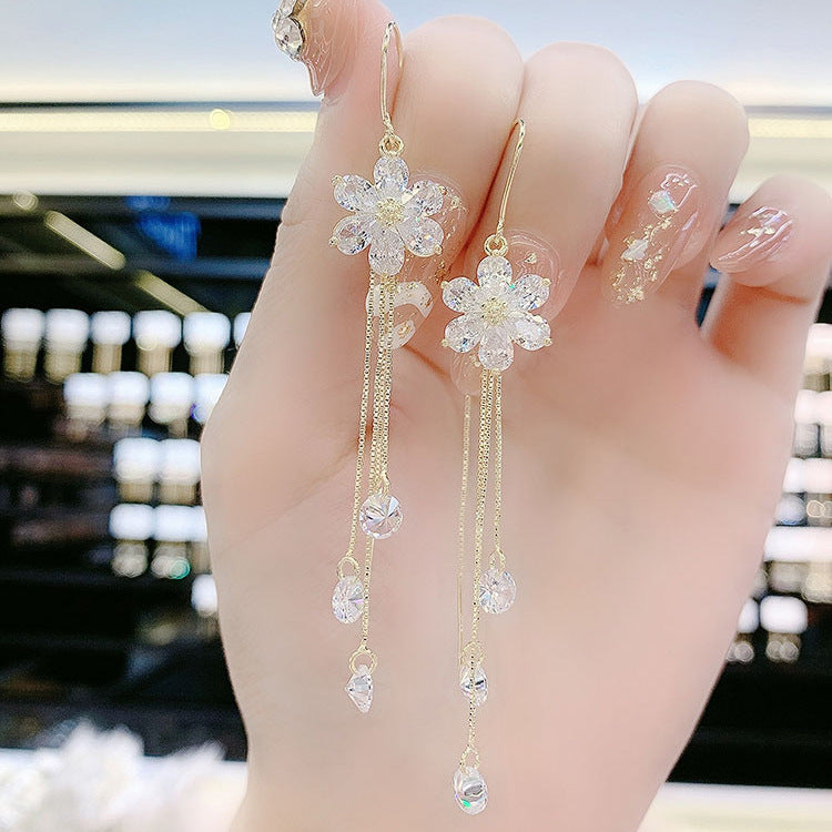 White Zircon Flower Fairy Temperamental Long Five Petal Tassel Earrings