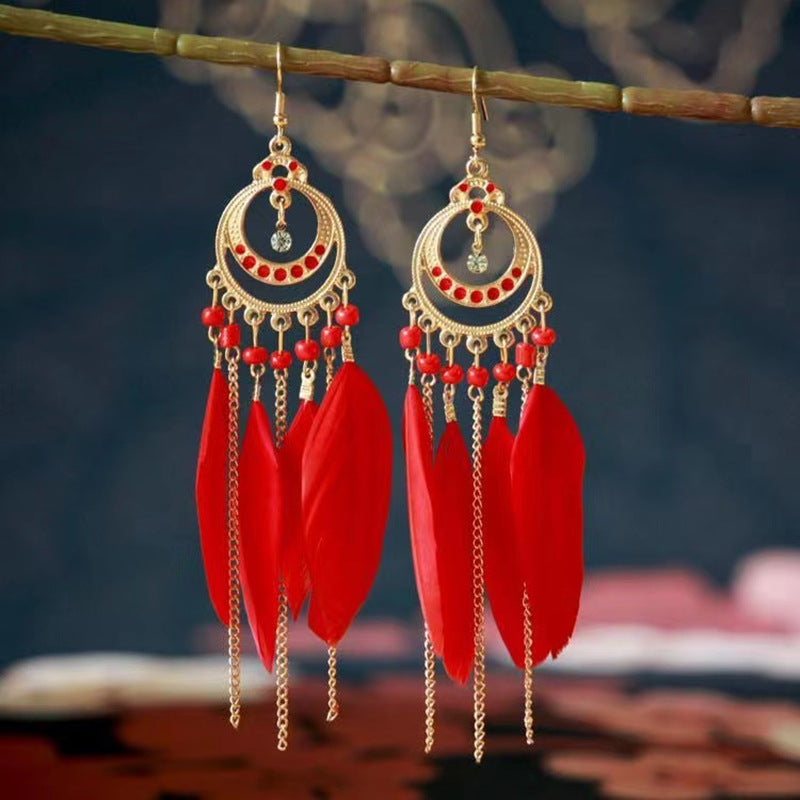 Yunnan Travel Long Vacation Temperament Feather Earrings